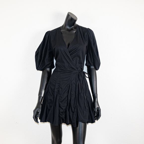 RHODE $375 Claudine Wrap Dress Puff Sleeves mini in Black XS - Picture 2 of 8